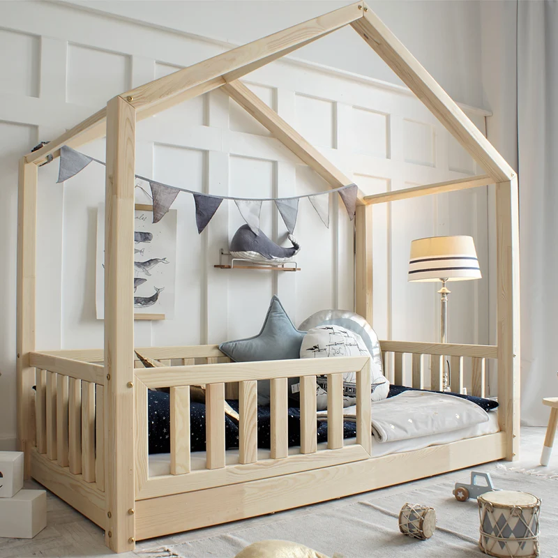 Lit cabane 90x190 barrière et sommier inclus pieds 1 cm Roxane Bois