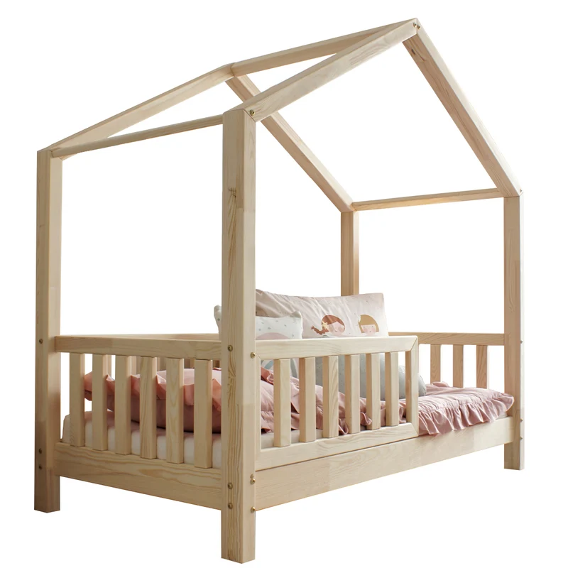 Lit cabane 90x190 barrière et sommier inclus pieds 10 cm Roxane Bois