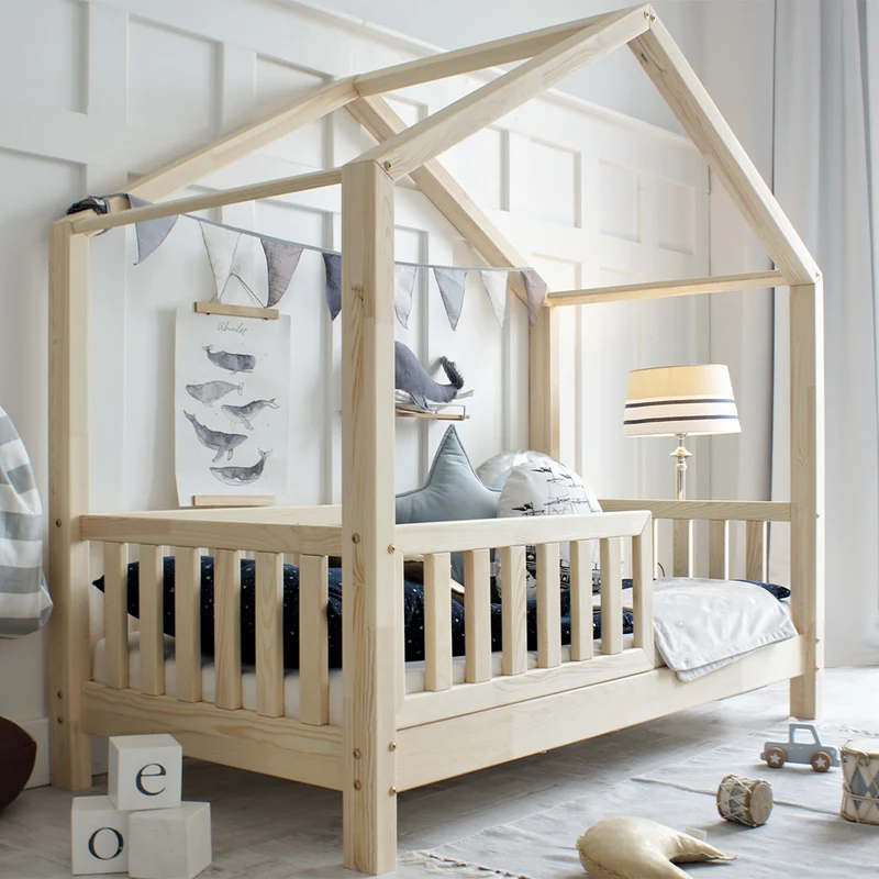 Lit cabane 90x200 barrière et sommier inclus pieds 10 cm Roxane Bois