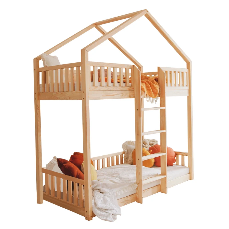 Lit cabane superposé 90x190 barrière et sommier inclus pieds 1 cm Roxane Bois