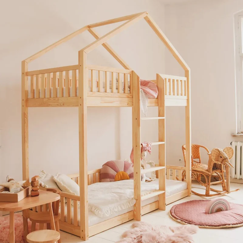 Lit cabane superposé 90x190 barrière et sommier inclus pieds 1 cm Roxane Bois