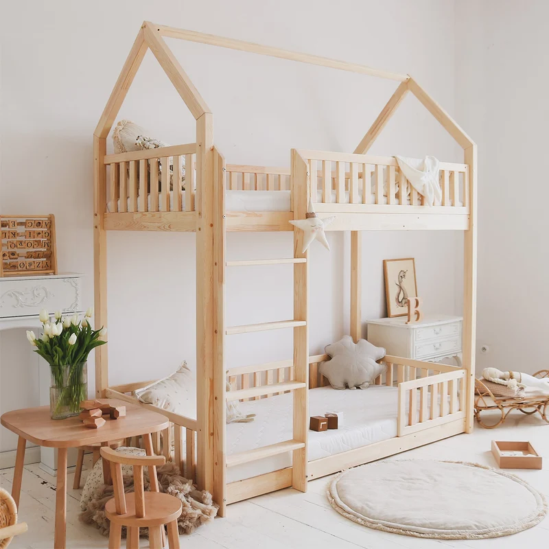 Lit cabane superposé 90x190 barrière et sommier inclus pieds 1 cm Daisy Bois