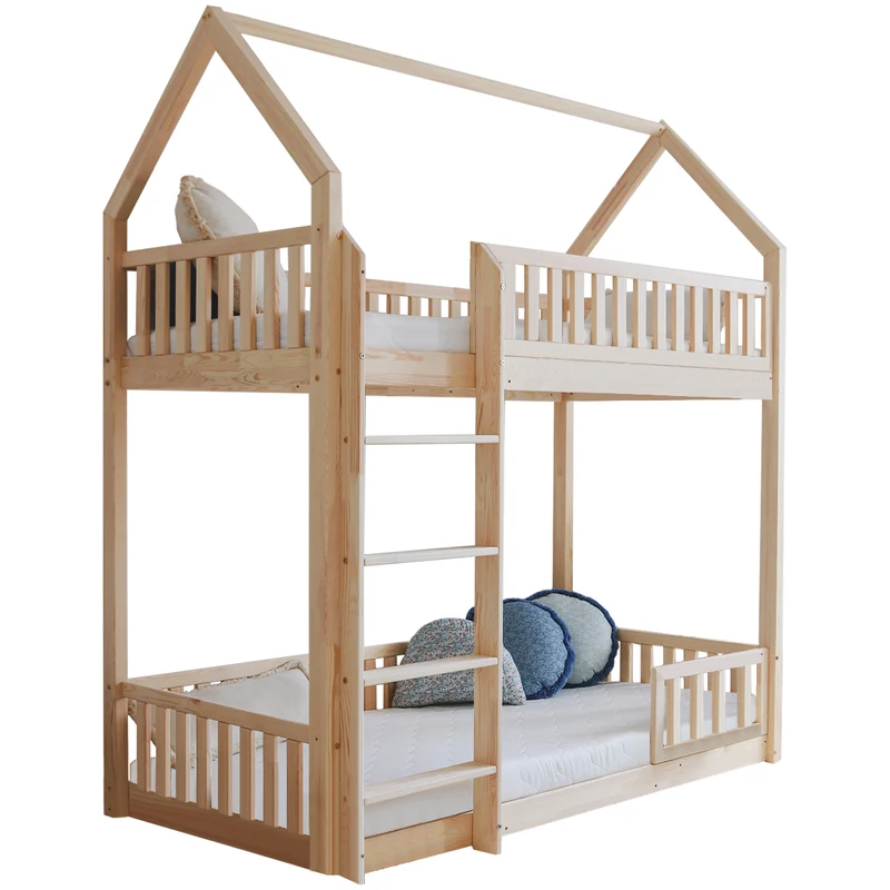 Lit cabane superposé 90x190 barrière et sommier inclus pieds 1 cm Daisy Bois