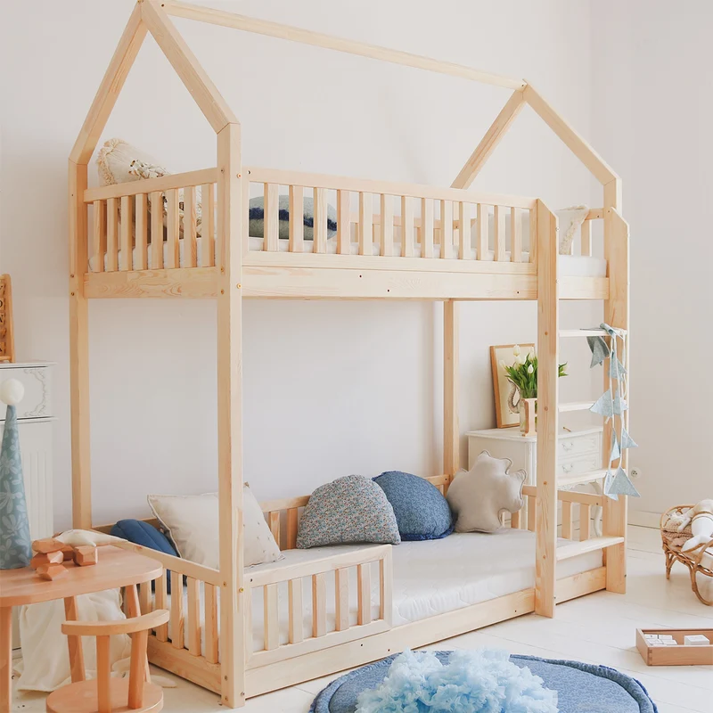 Lit cabane superposé 90x190 barrière et sommier inclus pieds 1 cm Daisy Bois