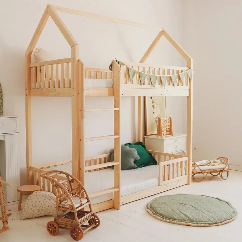 Lit cabane superposé 90x190 barrière et sommier inclus pieds 1 cm Daisy Bois