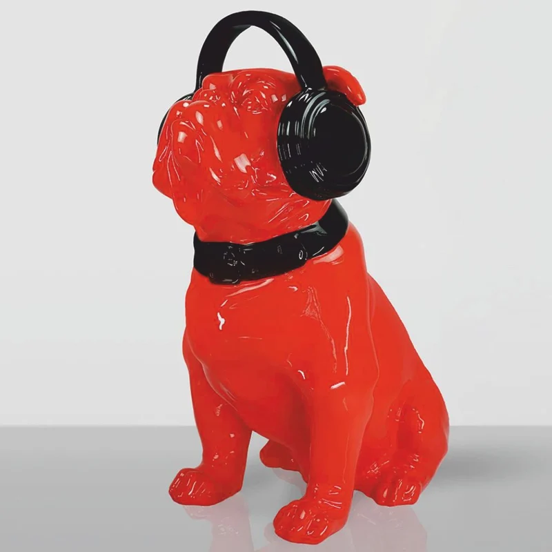 Casa Padrino Deko Skulptur Hund Bulldogge mit Kopfhörern Rot / Schwarz H. 120 cm