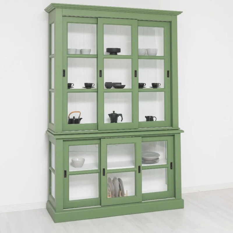 Casa Padrino Landhausstil Vitrine mit 6 Schiebetüren Grün / Weiß 151 x 47 x H. 220 cm