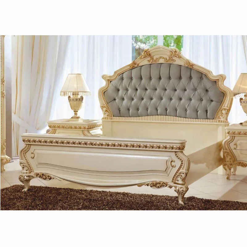 Casa Padrino Luxus Barock Doppelbett Creme / Gold / Grau - Barockstil Schlafzimmer Möbel