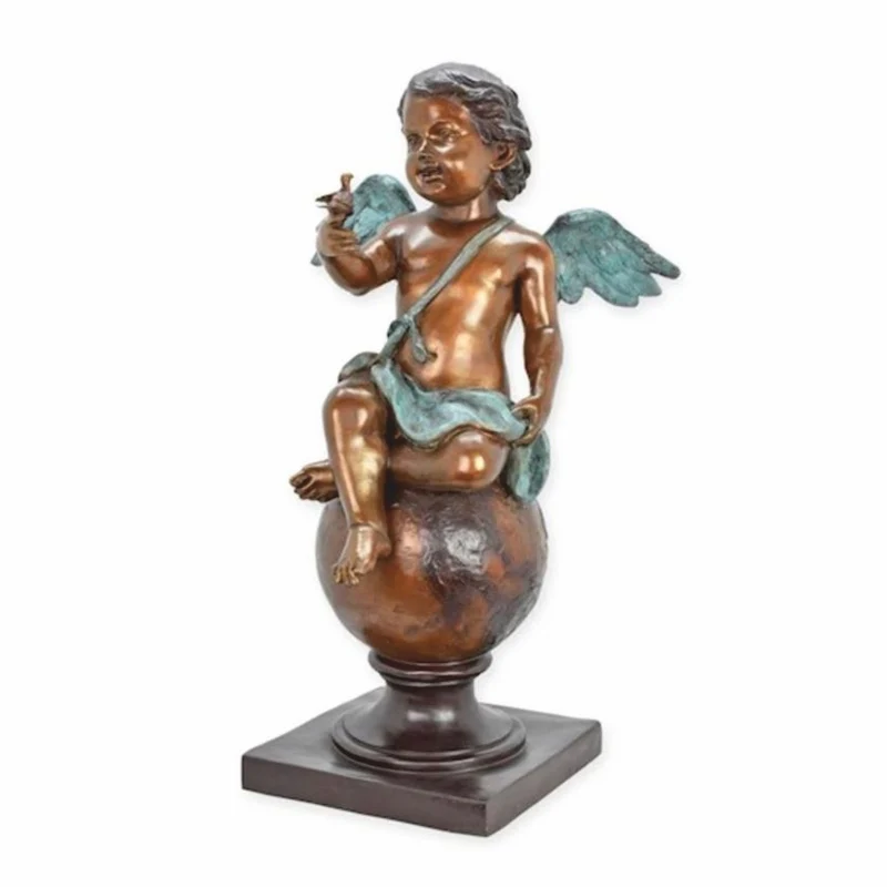 Casa Padrino Jugendstil Bronze Deko Skulptur Engel mit Vogel Bronze / Antik Türkis / Grau H. 93 cm