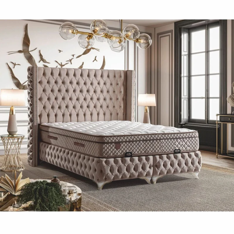 Casa Padrino Luxus Chesterfield Samt Doppelbett mit Matratze Greige / Weiß / Gold - Verschiedene Größen