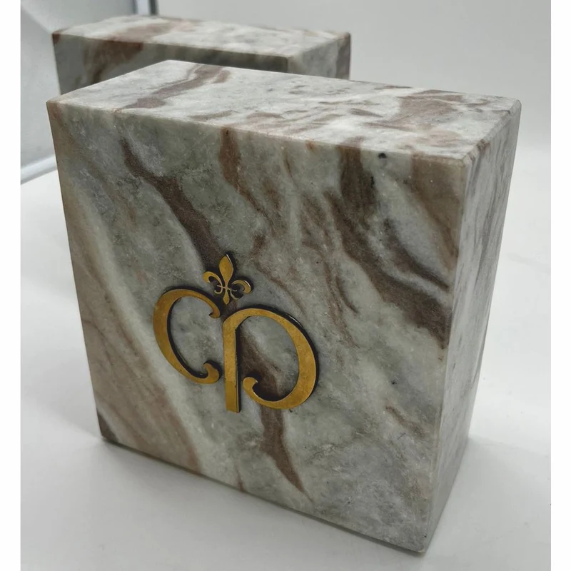 Casa Padrino Luxus Marmor Deko Buchstützen Set Grau-Braun / Gold