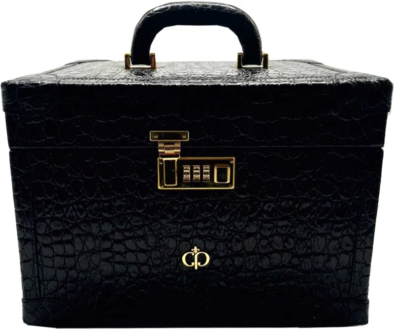 Casa Padrino Luxus Echtleder Schminkkoffer Schwarz / Gold 28 x 16 x H. 16 cm