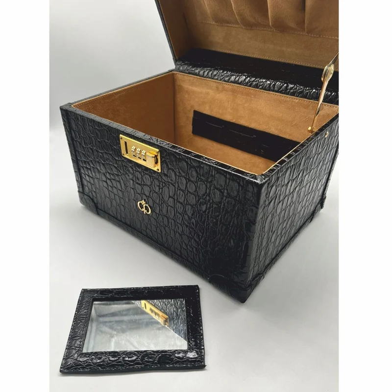 Casa Padrino Luxus Echtleder Schminkkoffer Schwarz / Gold 28 x 16 x H. 16 cm