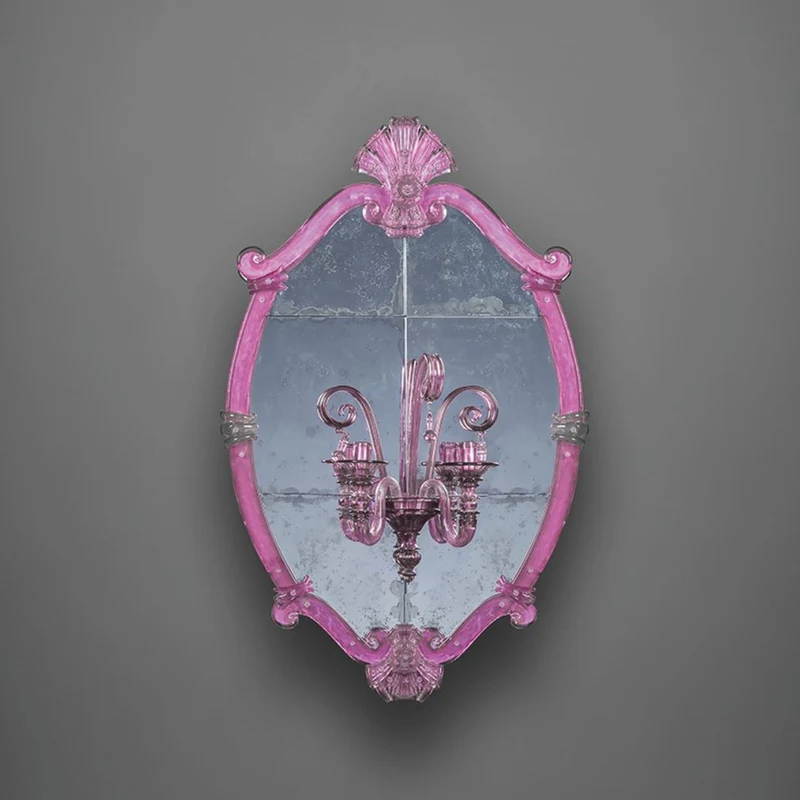 Casa Padrino Luxus Barock Spiegel mit Doppel Wandleuchte Rosa H. 110 cm - Made in Italy