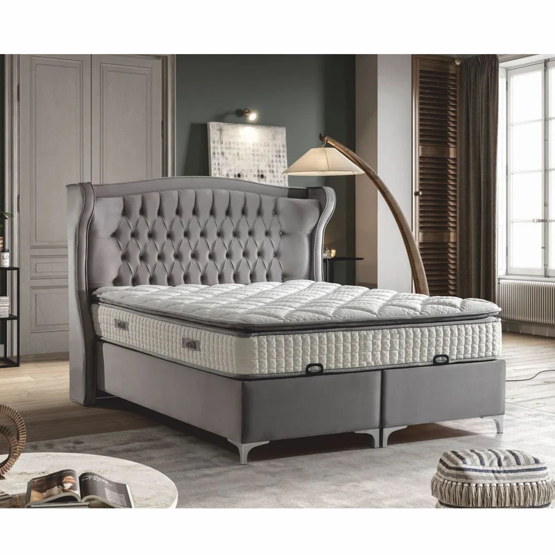 Casa Padrino Luxus Chesterfield Samt Doppelbett mit Matratze Grau / Silber - Verschiedene Größen