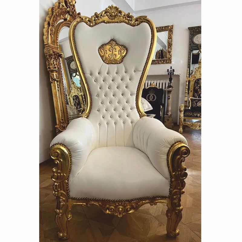 Casa Padrino Barock Kunstleder Thron Sessel und Glitzersteinen Weiß / Gold H. 182 cm