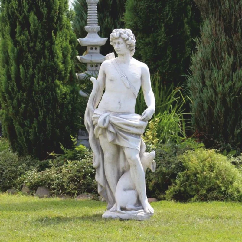 Casa Padrino Jugendstil Garten Deko Skulptur Mann mit Bogen und Hund Grau H. 142 cm