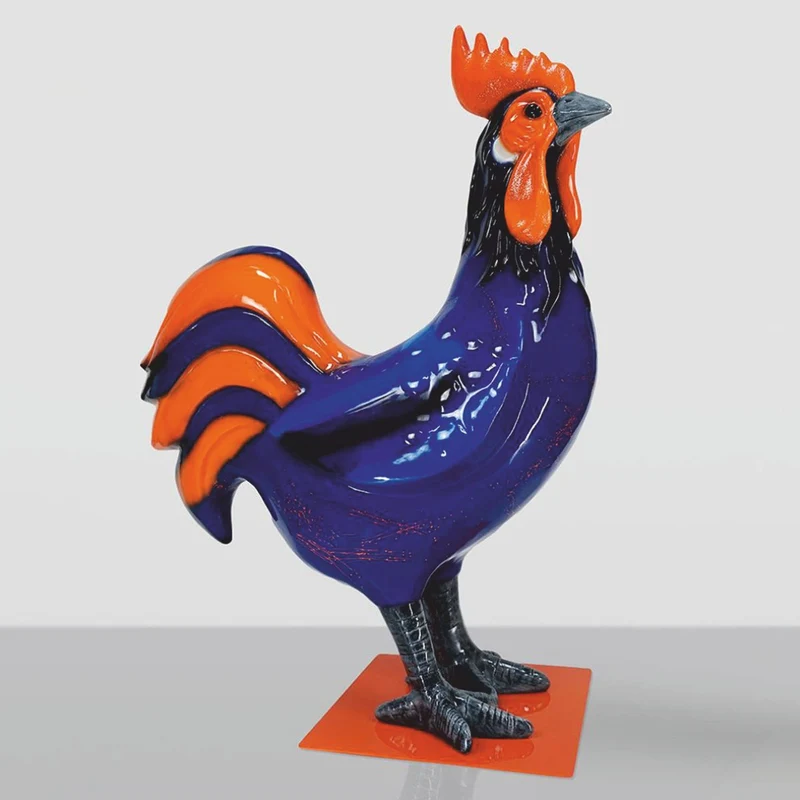 Casa Padrino XXL Deko Skulptur Hahn Blau / Schwarz / Orange H. 180 cm - Riesiege Garten Deko Figur