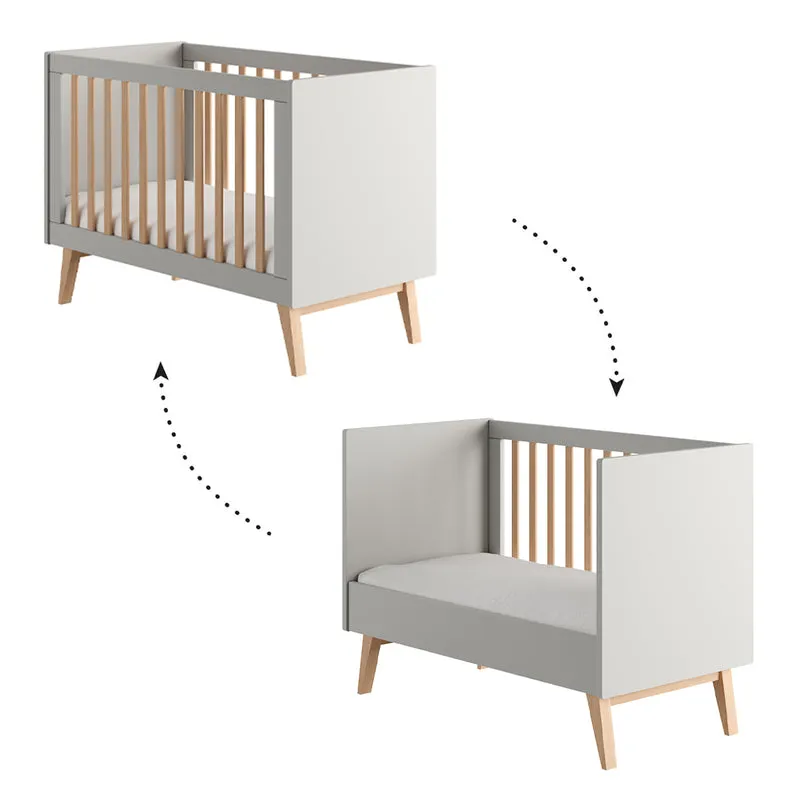 Lit évolutif 60x120 et commode 4 tiroirs 1 porte Pinio Swing Gris et bois