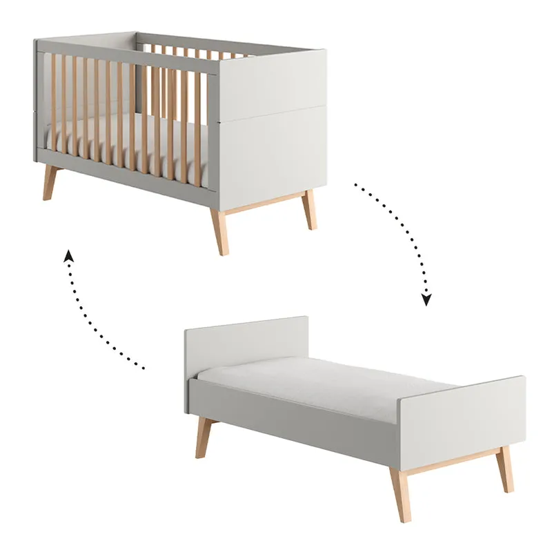 Lit évolutif 70x140 et commode 4 tiroirs 1 porte Pinio Swing Gris et bois