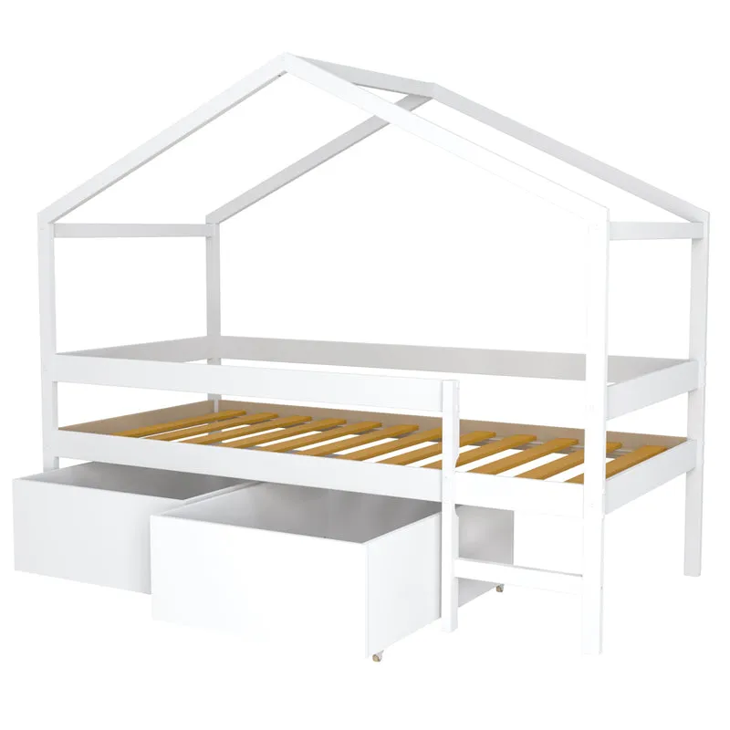 Lit cabane mi-hauteur 90x190 sommier et tiroirs inclus Penny Blanc