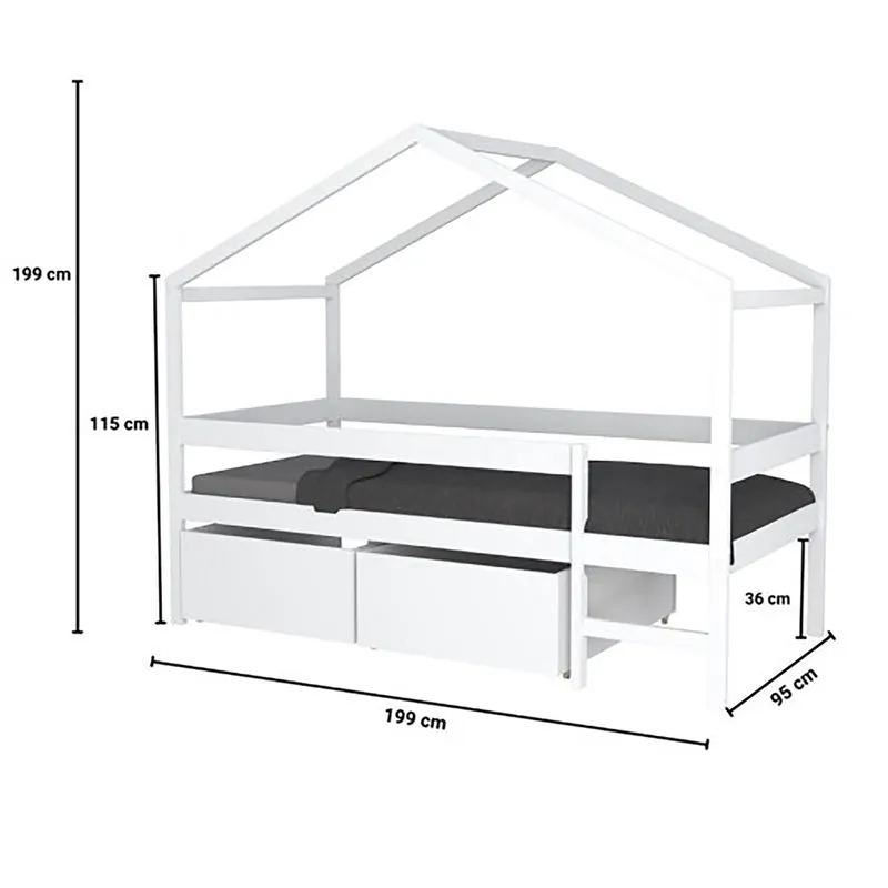 Lit cabane mi-hauteur 90x190 sommier et tiroirs inclus Penny Blanc