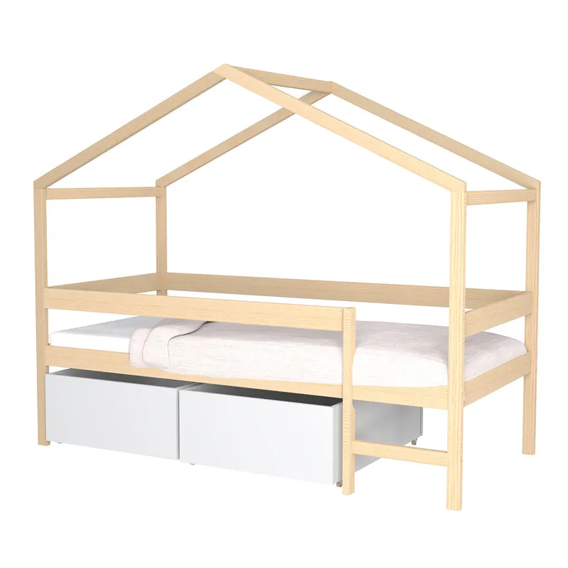 Lit cabane mi-hauteur 90x190 sommier et tiroirs inclus Penny Bois et Blanc