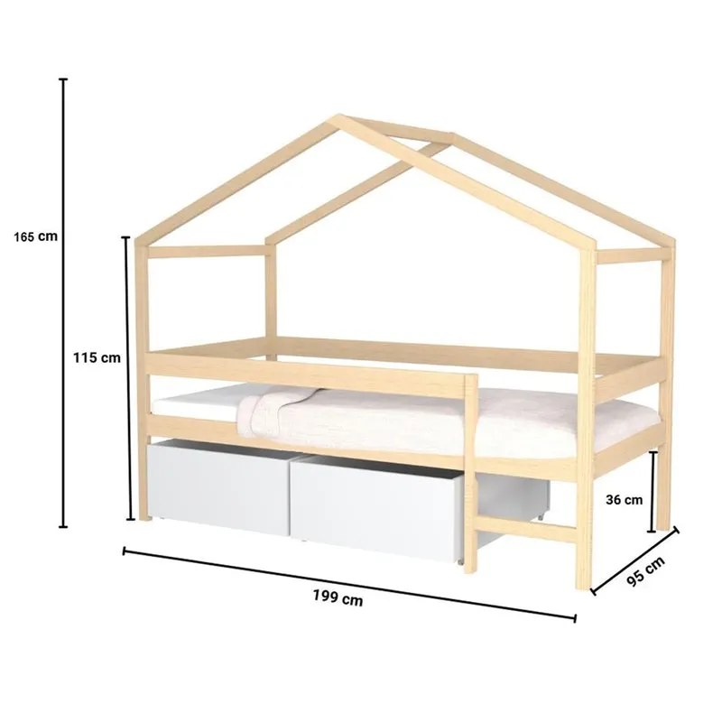 Lit cabane mi-hauteur 90x190 sommier et tiroirs inclus Penny Bois et Blanc