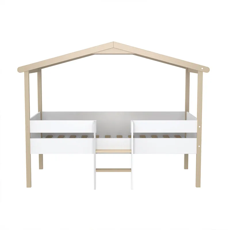 Lit cabane mi-hauteur 90x190 sommier inclus Kayla Bois et Blanc