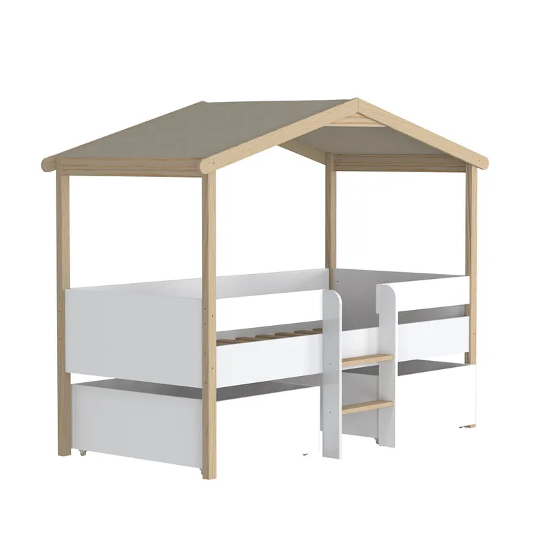 Lit cabane mi-hauteur 90x190 sommier et tiroirs inclus Kayla Bois et Blanc