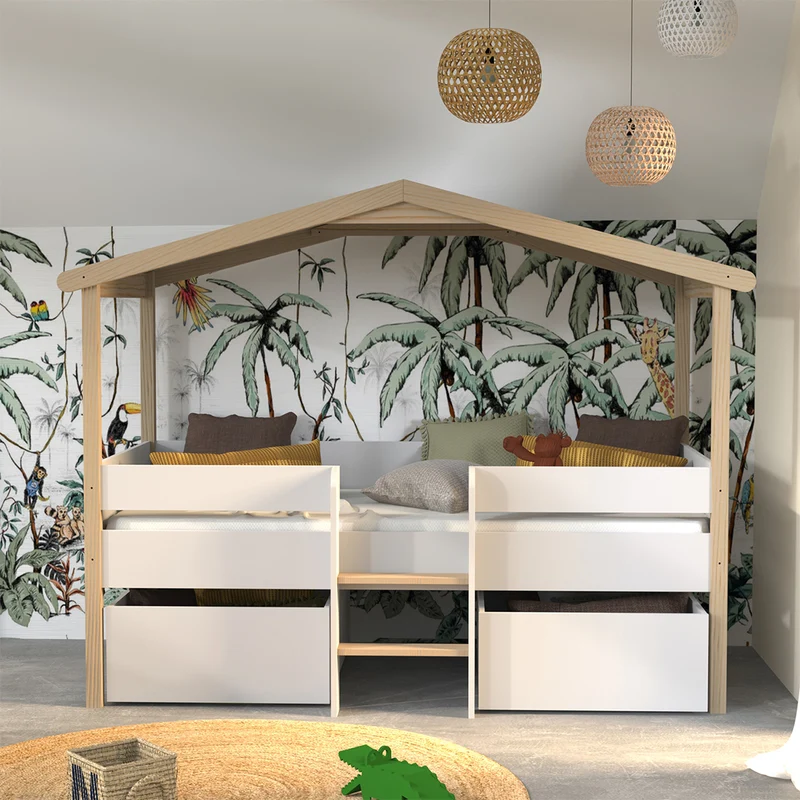 Lit cabane mi-hauteur 90x190 sommier et tiroirs inclus Kayla Bois et Blanc