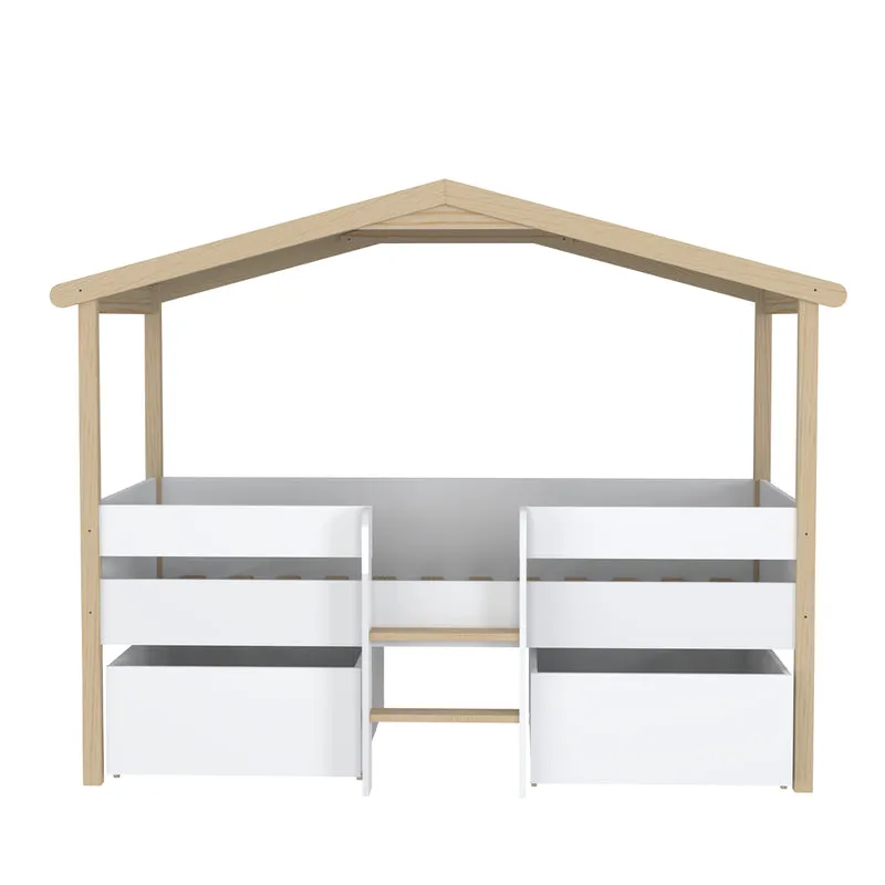 Lit cabane mi-hauteur 90x200 sommier et tiroirs inclus Kayla Bois et Blanc