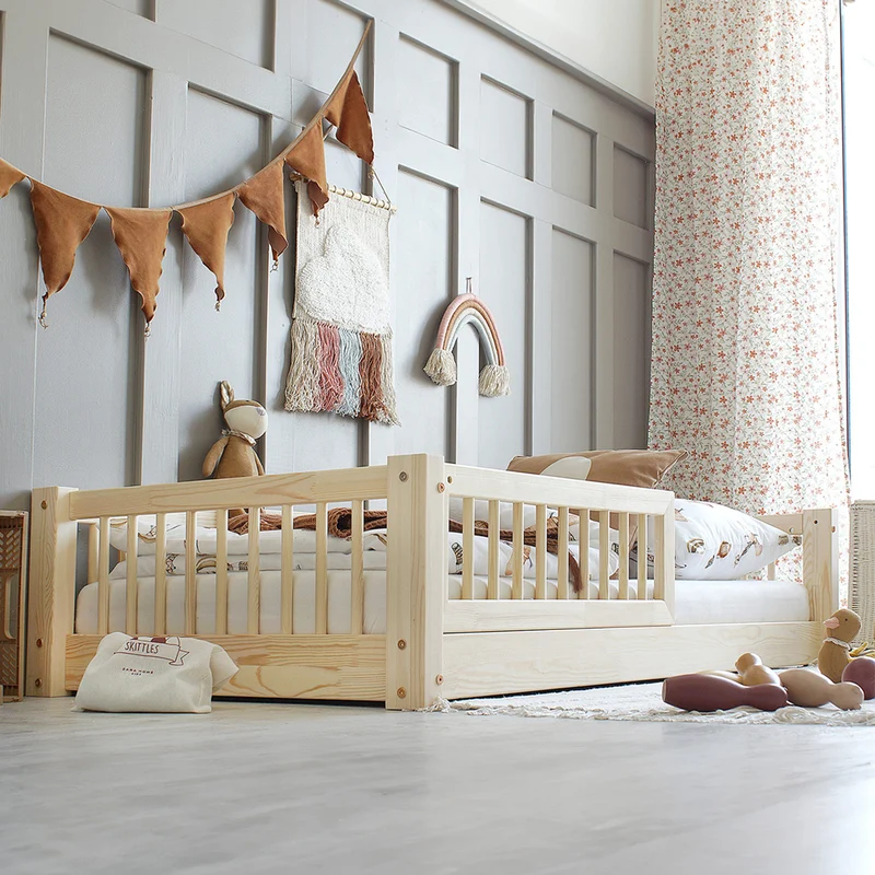 Lit 90x190 barrière et sommier inclus pieds 1 cm Adèle Bois
