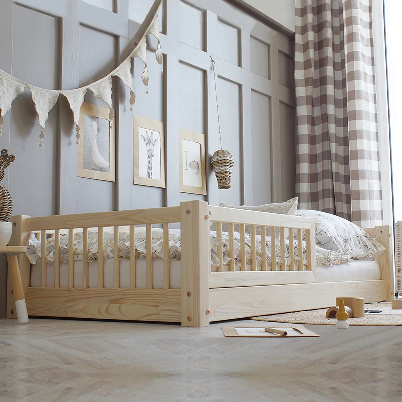 Lit 90x190 barrière et sommier inclus pieds 1 cm Adèle Bois