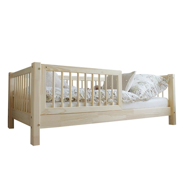 Lit 90x190 barrière et sommier inclus pieds 10 cm Sybil Bois