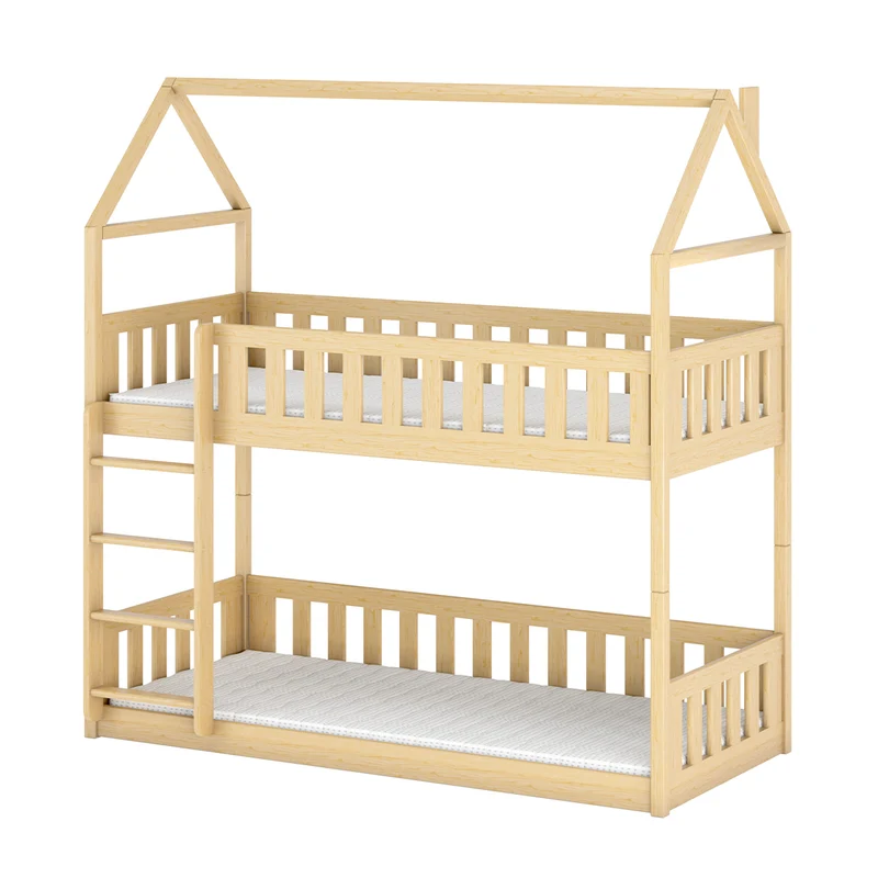 Lit cabane superposé 90x200 au sol sommiers inclus Mathias Bois