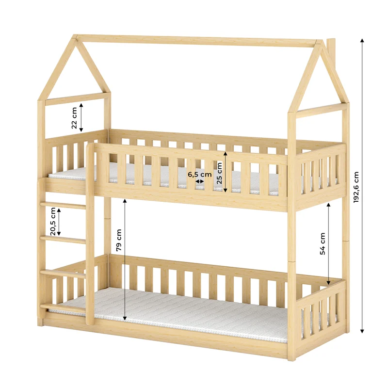 Lit cabane superposé 90x200 au sol sommiers inclus Mathias Bois
