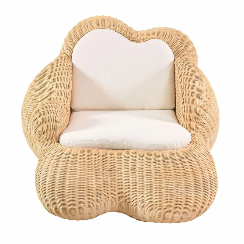 Casa Padrino Luxus Rattan Sessel mit Kissen Naturfarben / Weiß - Rattan Möbel