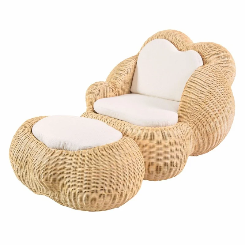 Casa Padrino Luxus Rattan Sessel mit Kissen Naturfarben / Weiß - Rattan Möbel