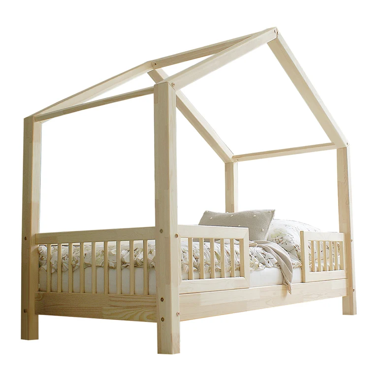 Lit cabane 90x200 barrières et sommier inclus pieds 10 cm Iris Bois