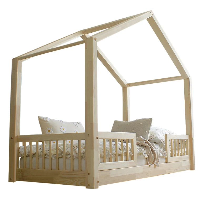 Lit cabane 90x190 barrières et sommier inclus pieds 1 cm Iris Bois