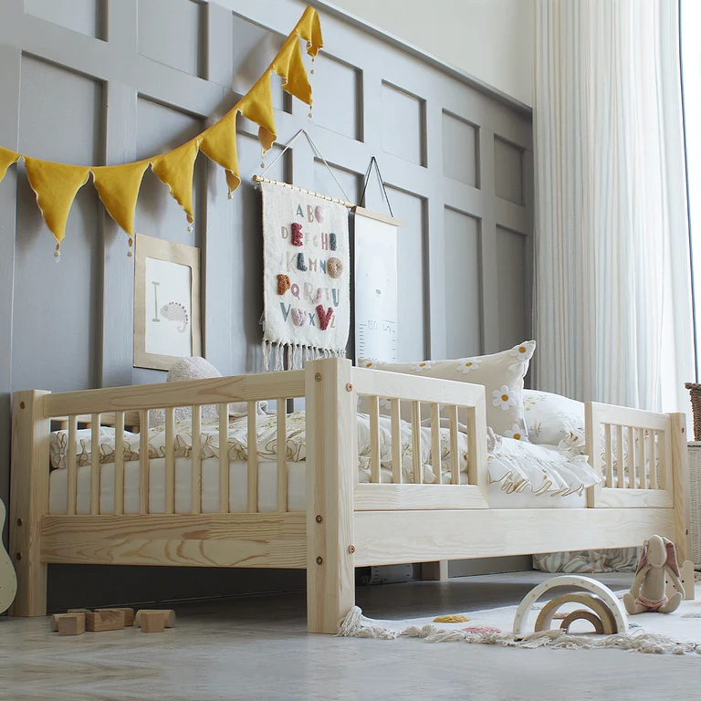 Lit 90x200 barrières et sommier inclus pieds 10 cm Adèle Bois