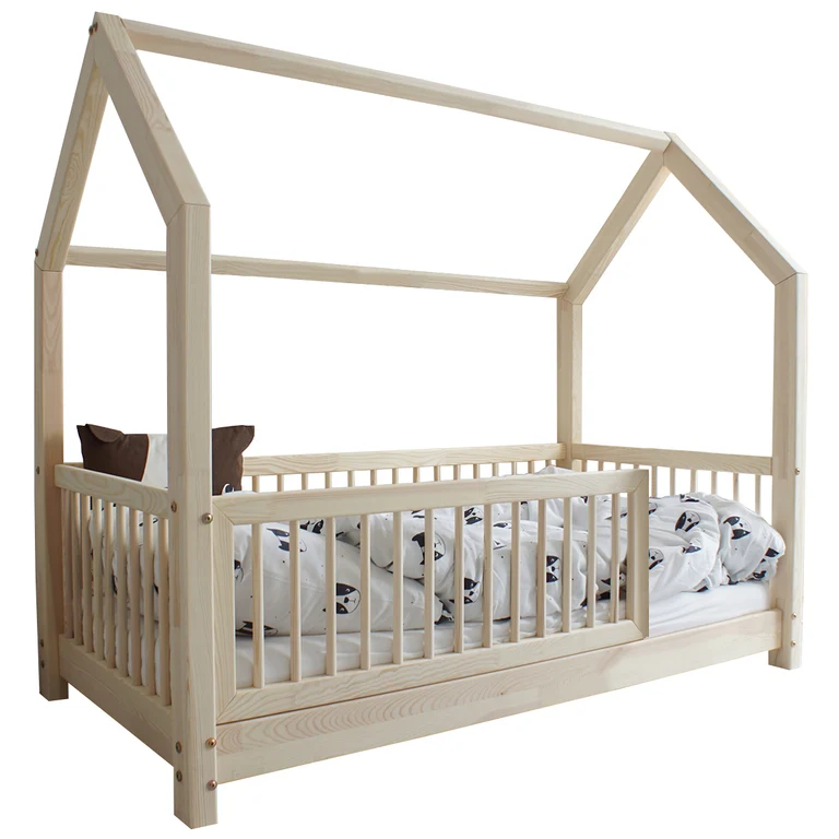 Lit cabane 90x190 barrière et sommier inclus pieds 5 cm Florie Bois