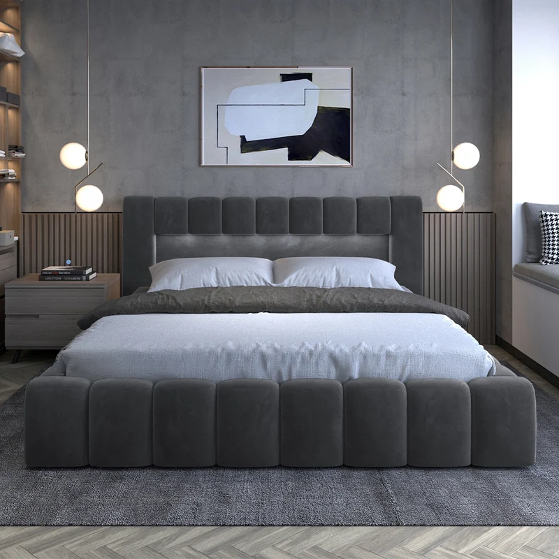 Lit coffre 160x200 sommier inclus Auria Velours Gris foncé