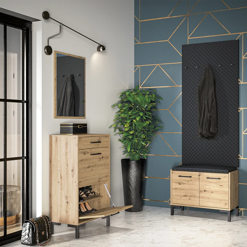 Meuble entrée porte-manteau et banc à chaussures 2 portes Liora Bois et Noir