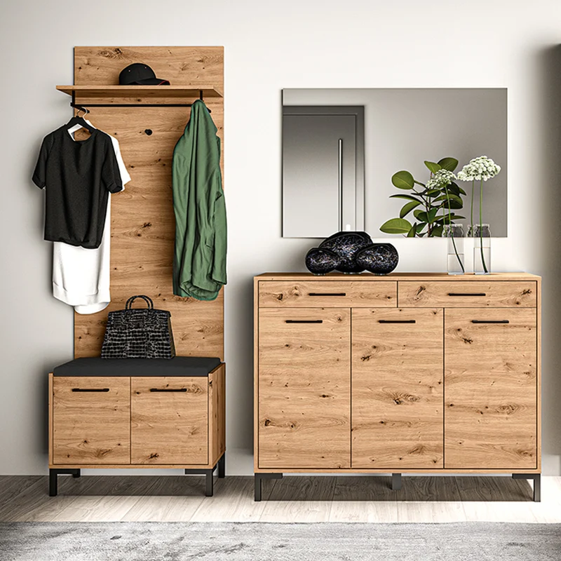 Meuble entrée porte-manteau et banc à chaussures 2 portes Liora Bois