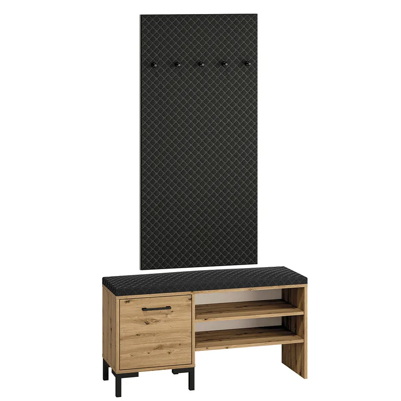 Meuble entrée porte-manteau et banc à chaussures 1 porte Liora Bois et Noir