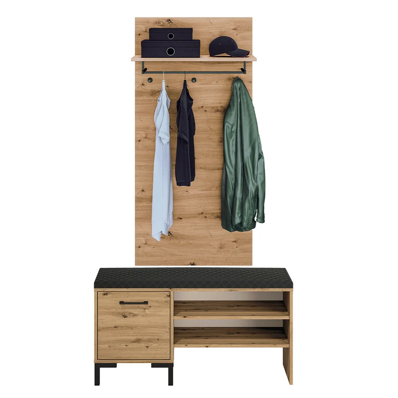 Meuble entrée porte-manteau et banc à chaussures 1 porte Liora Bois