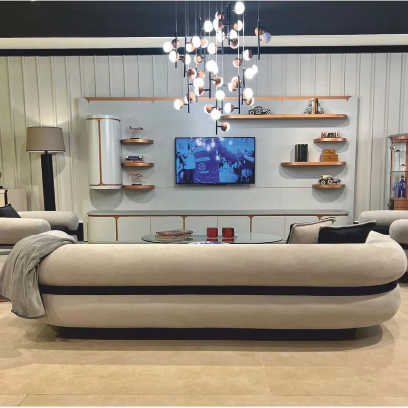 Casa Padrino Luxus TV Schrank Weiß / Grau / Kupfer 430 cm - Wohnzimmer & Hotel Möbel