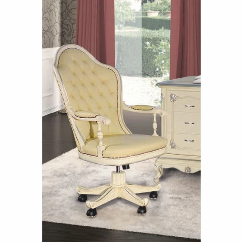 Casa Padrino Luxus Barock Chesterfield Leder Schreibtischstuhl Creme / Silber - Made in Italy